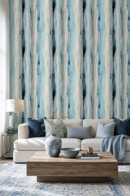 Abstract Watercolor Wallpaper Vertical Stripes Gold Accents Decorative Mural