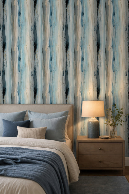 Abstract Watercolor Wallpaper Vertical Stripes Gold Accents Decorative Mural