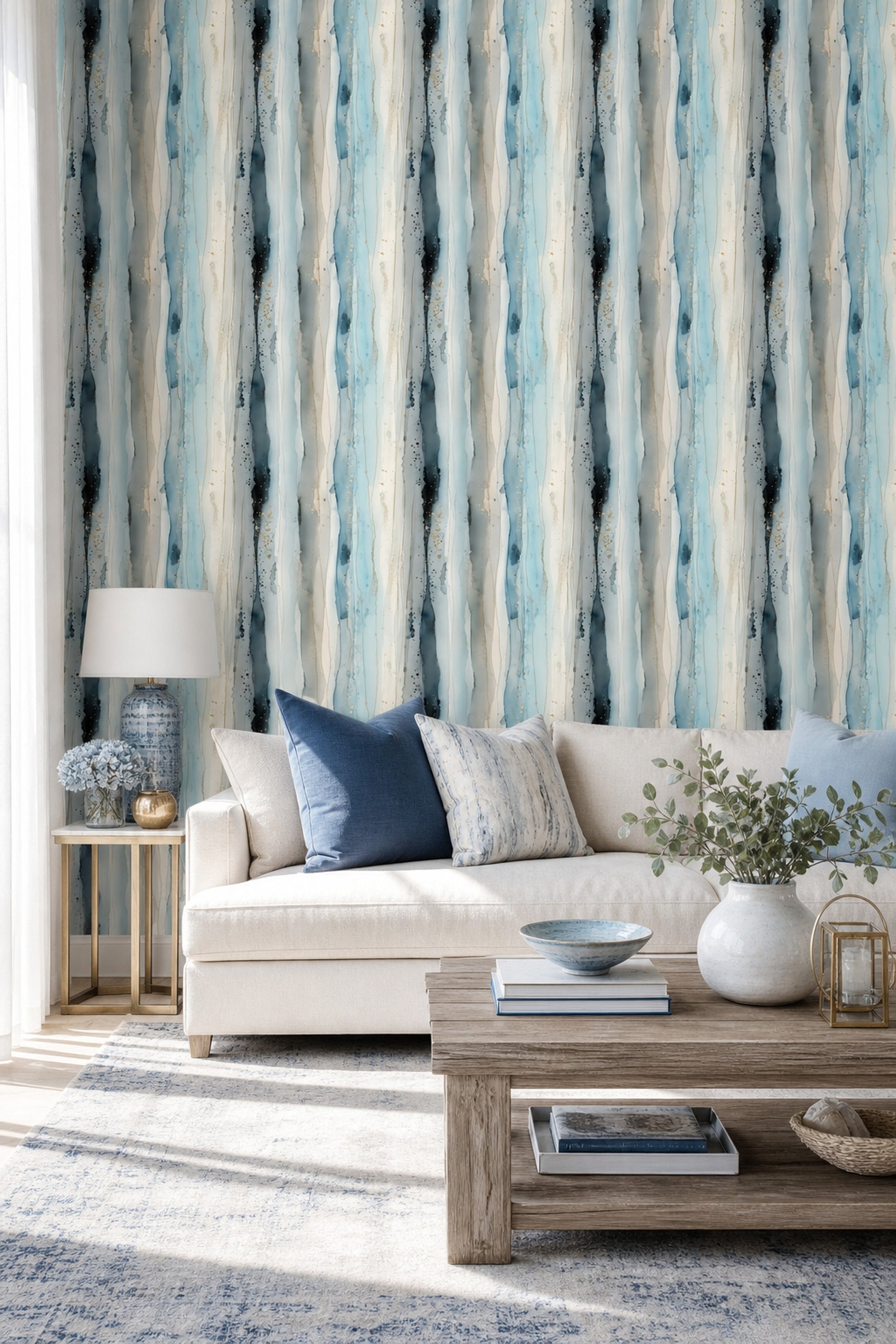 Abstract Watercolor Wallpaper Vertical Stripes Gold Accents Decorative Mural