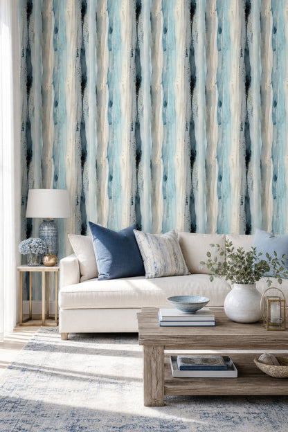 Abstract Watercolor Wallpaper Vertical Stripes Gold Accents Decorative Mural