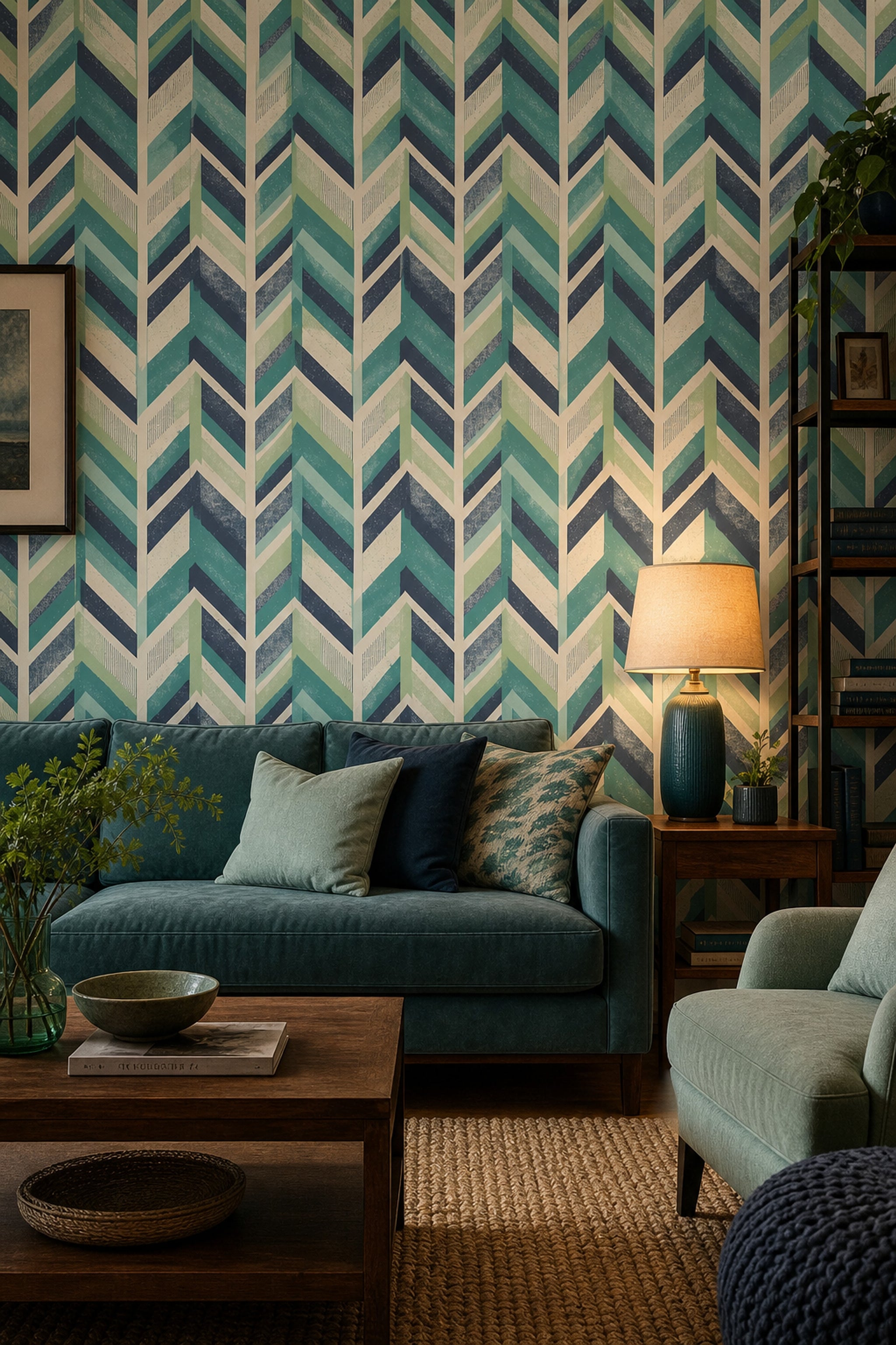 Geometric Chevron Wallpaper Teal Green Stripes Wall Mural