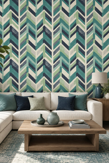 Geometric Chevron Wallpaper Teal Green Stripes Wall Mural