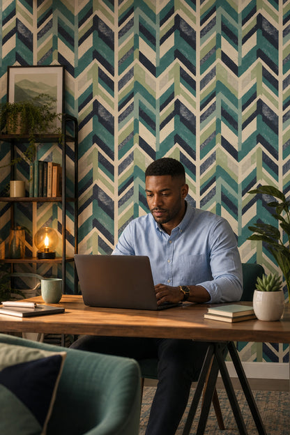 Geometric Chevron Wallpaper Teal Green Stripes Wall Mural