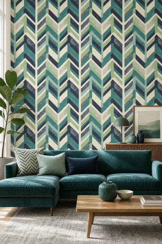 Geometric Chevron Wallpaper Teal Green Stripes Wall Mural