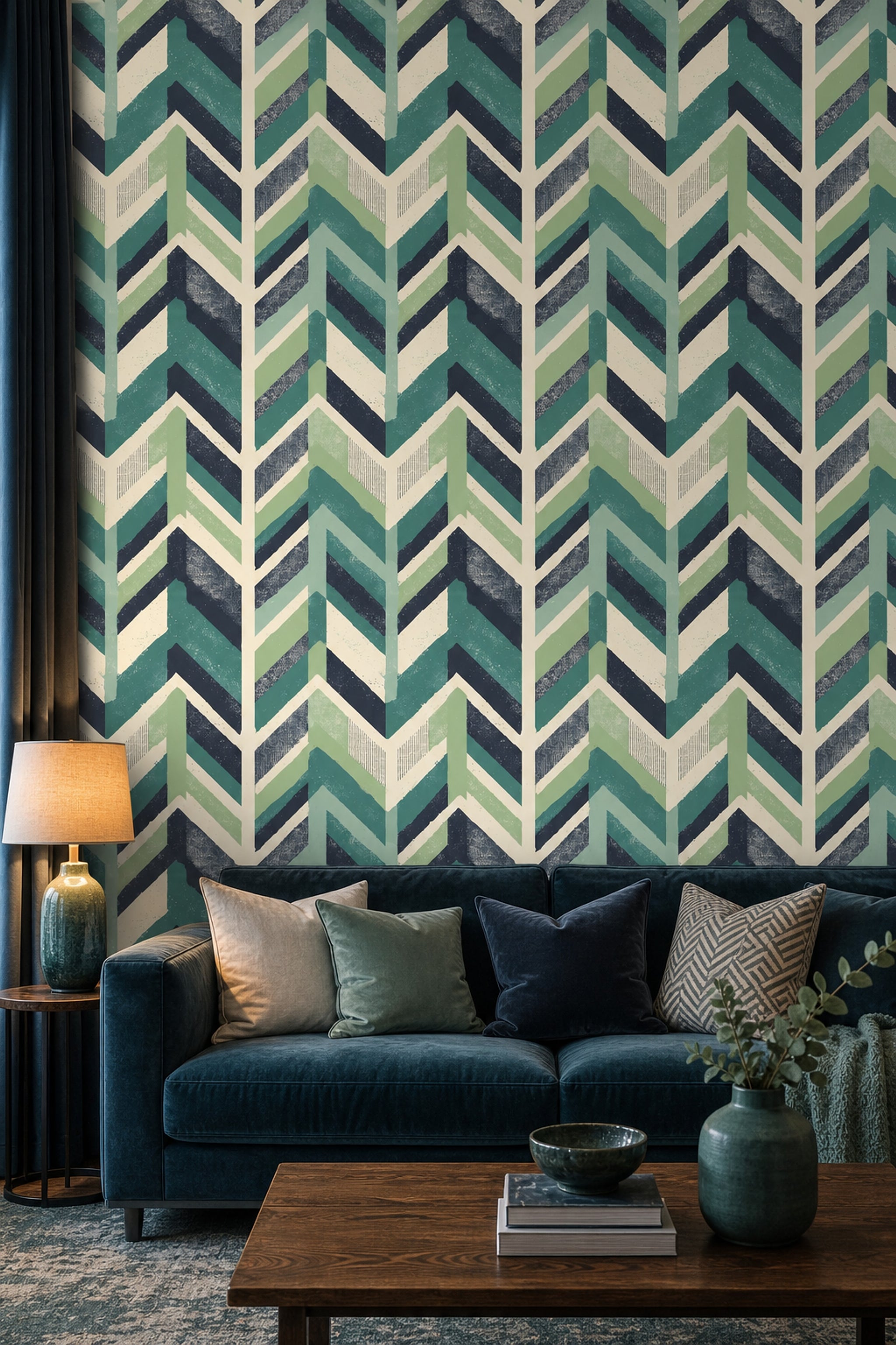 Geometric Chevron Wallpaper Teal Green Stripes Wall Mural