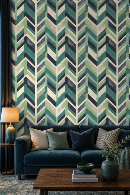 Geometric Chevron Wallpaper Teal Green Stripes Wall Mural