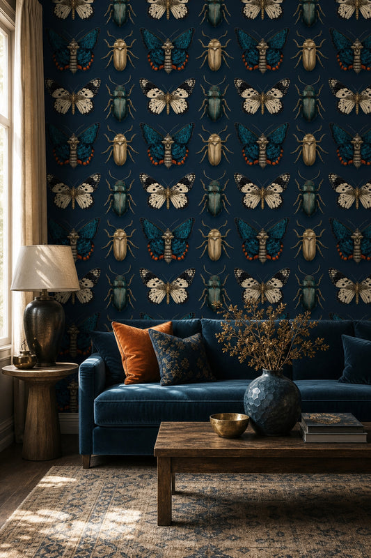 Vintage Entomology Wallpaper Dark Navy Background Butterflies And Beetles Decorative Mural