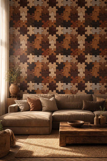 Wooden Jigsaw Puzzle Wallpaper Geometric Shapes Wood Grain Texture Removable Wall Decor