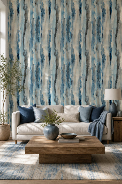 Abstract Watercolor Wallpaper Blue Vertical Stripes Ink Wash Removable Wall Decor