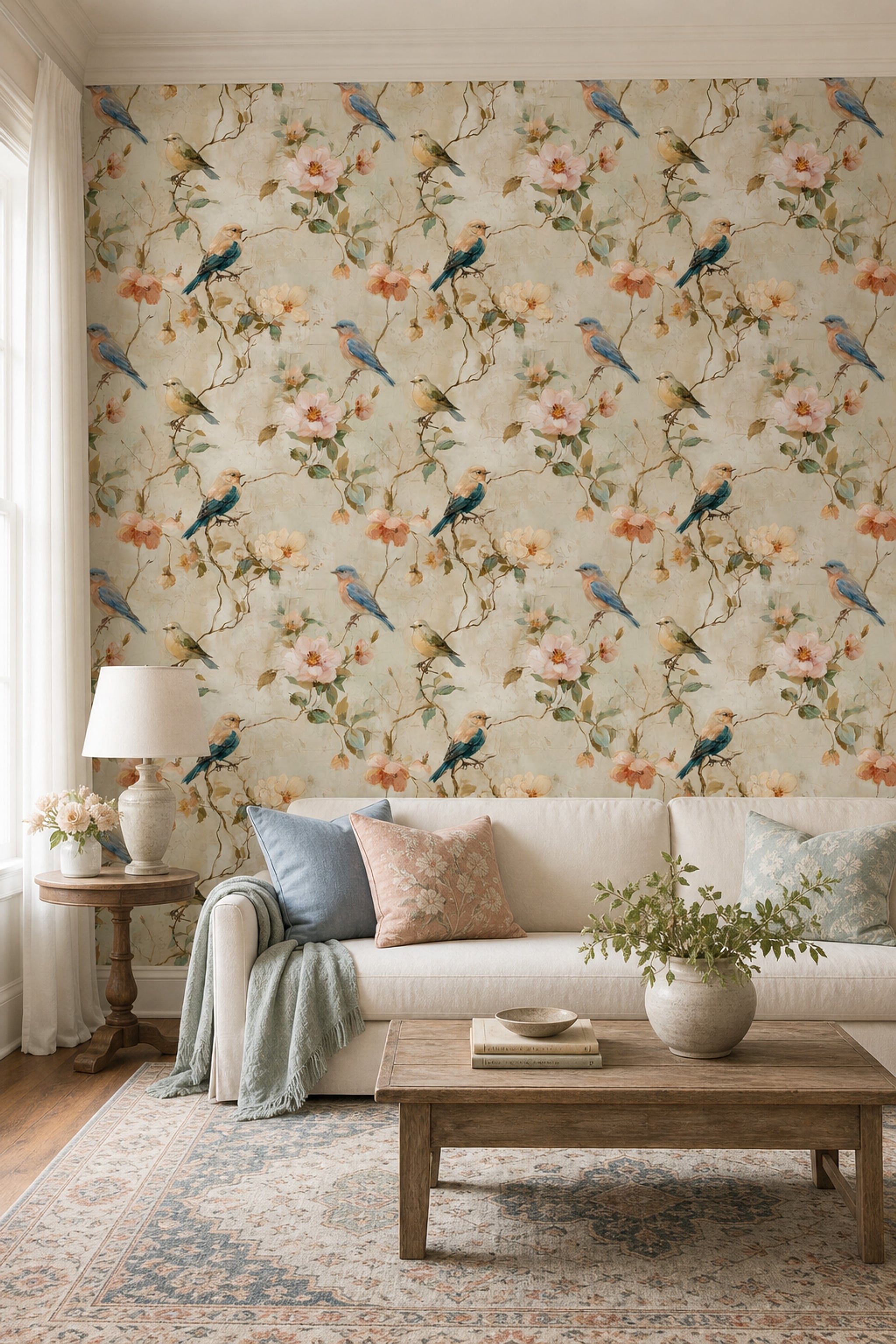 Birds Wallpaper Floral Removable Botanical Branches Wall Double Roll