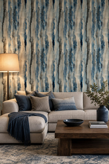 Abstract Watercolor Wallpaper Blue Vertical Stripes Ink Wash Removable Wall Decor