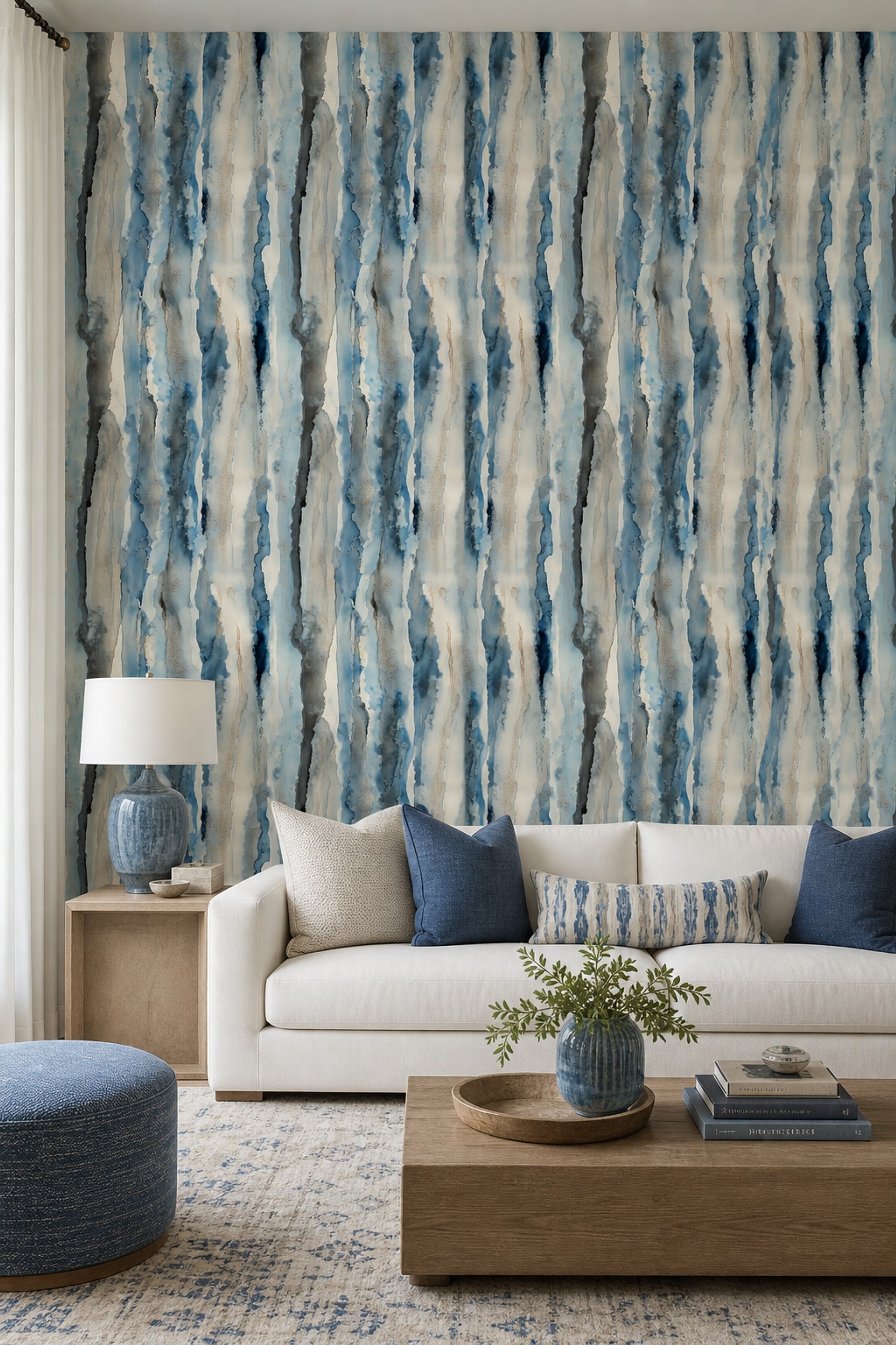 Abstract Watercolor Wallpaper Blue Vertical Stripes Ink Wash Removable Wall Decor