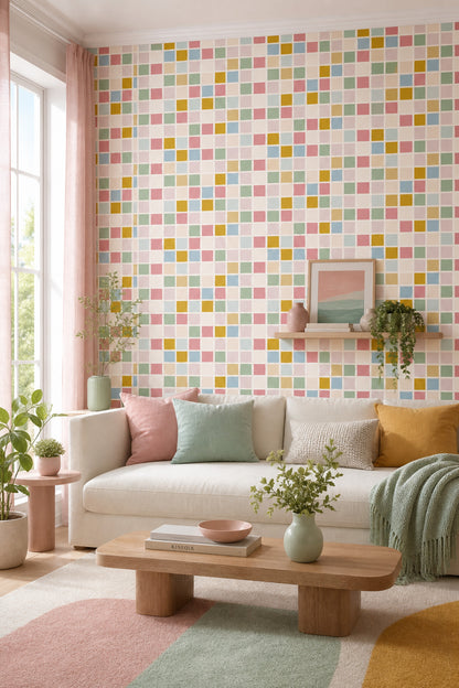 Geometric Grid Wallpaper Pastel Color Block Decorative Mural