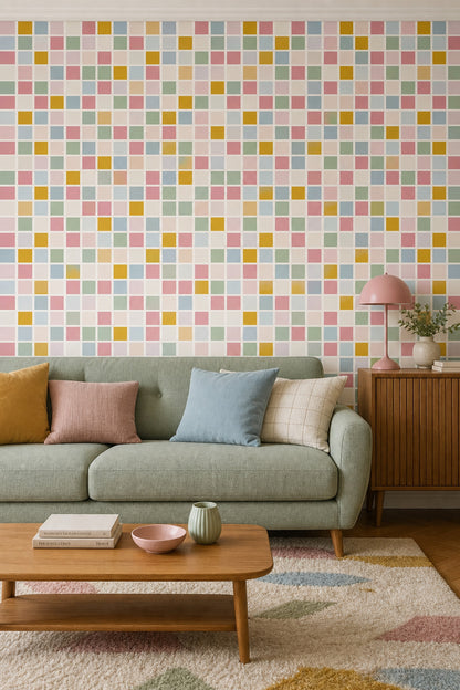 Geometric Grid Wallpaper Pastel Color Block Decorative Mural