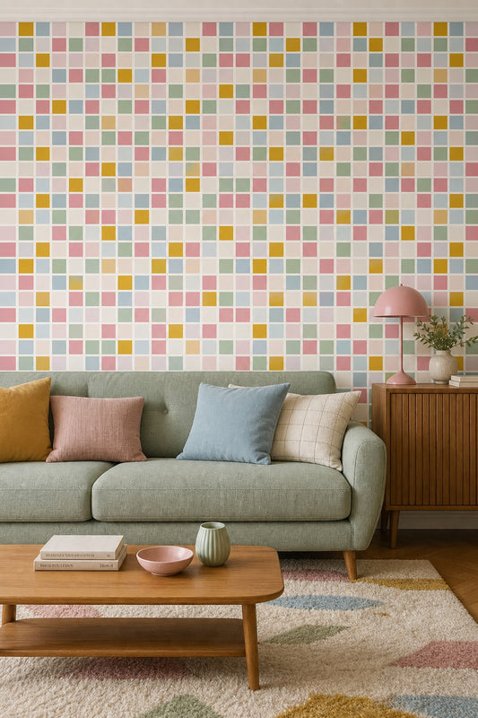 Geometric Grid Wallpaper Pastel Color Block Decorative Mural