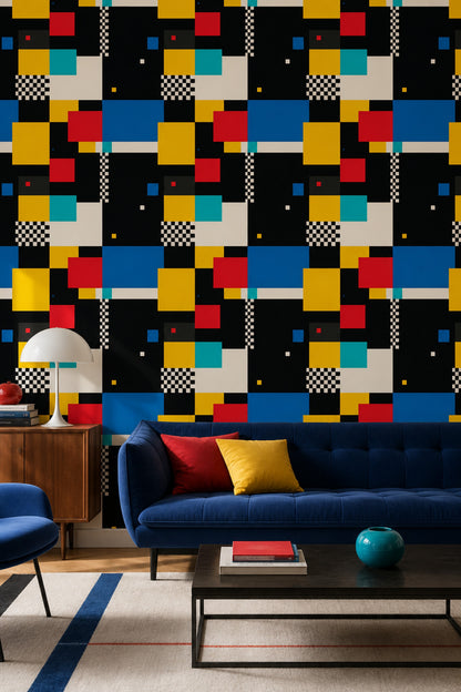 Abstract Geometric Wallpaper Color Block Removable Black Background Wall Double Roll