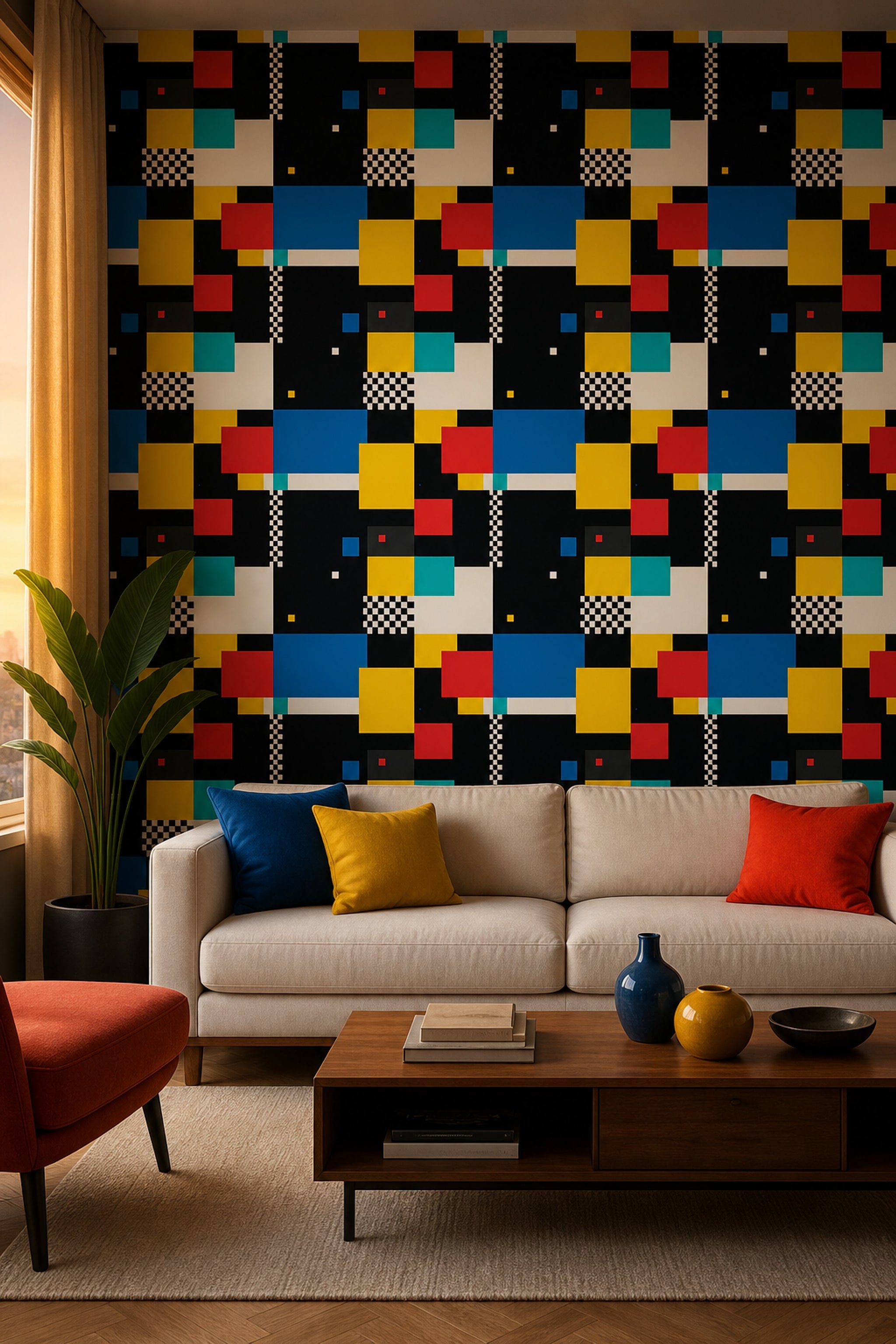 Abstract Geometric Wallpaper Color Block Removable Black Background Wall Double Roll