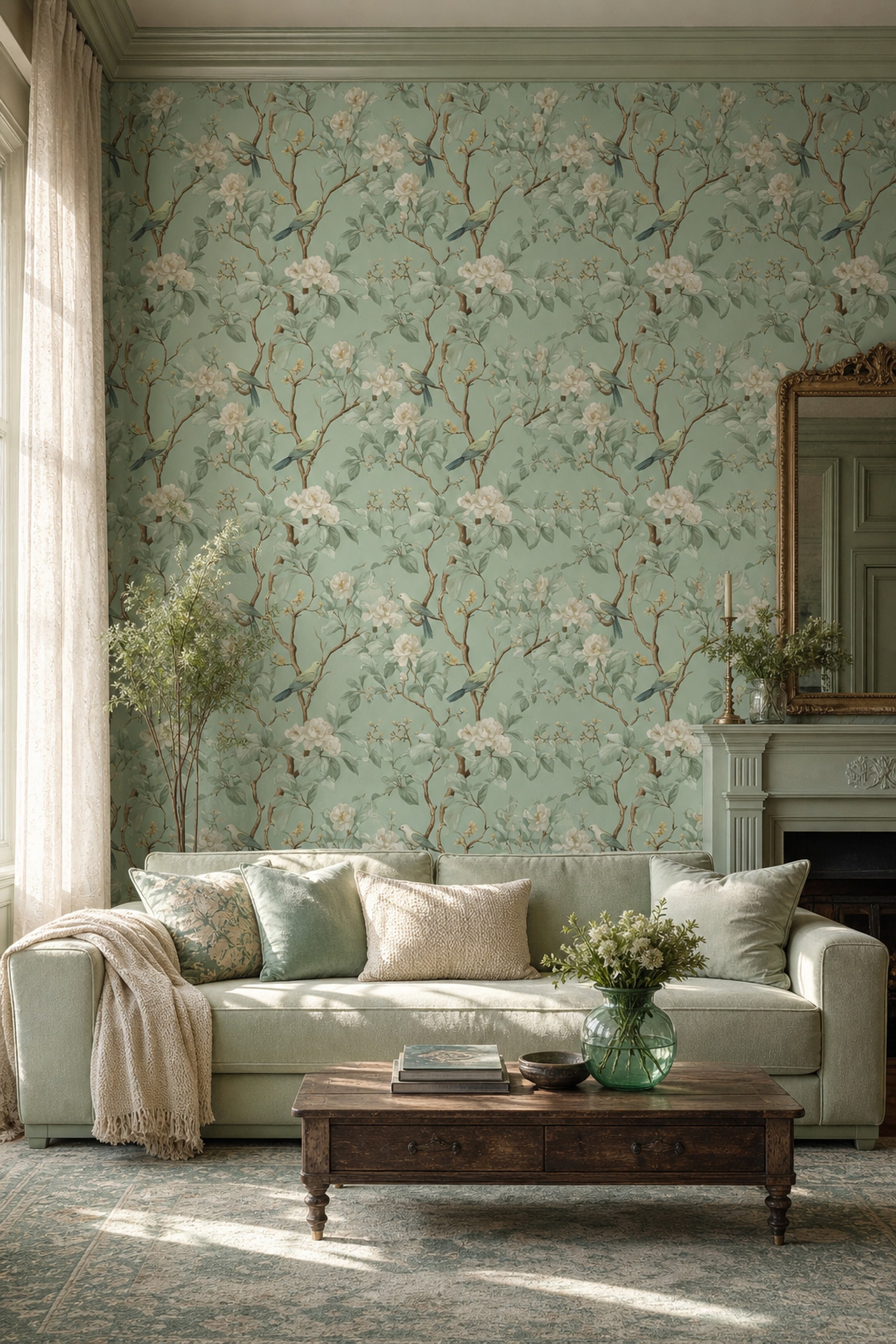 Botanical Wallpaper Birds Removable Vintage Illustration Wall Double Roll