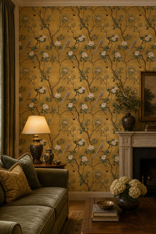 Chinoiserie Wallpaper Gold Background Vintage Look Removable Wall Decor