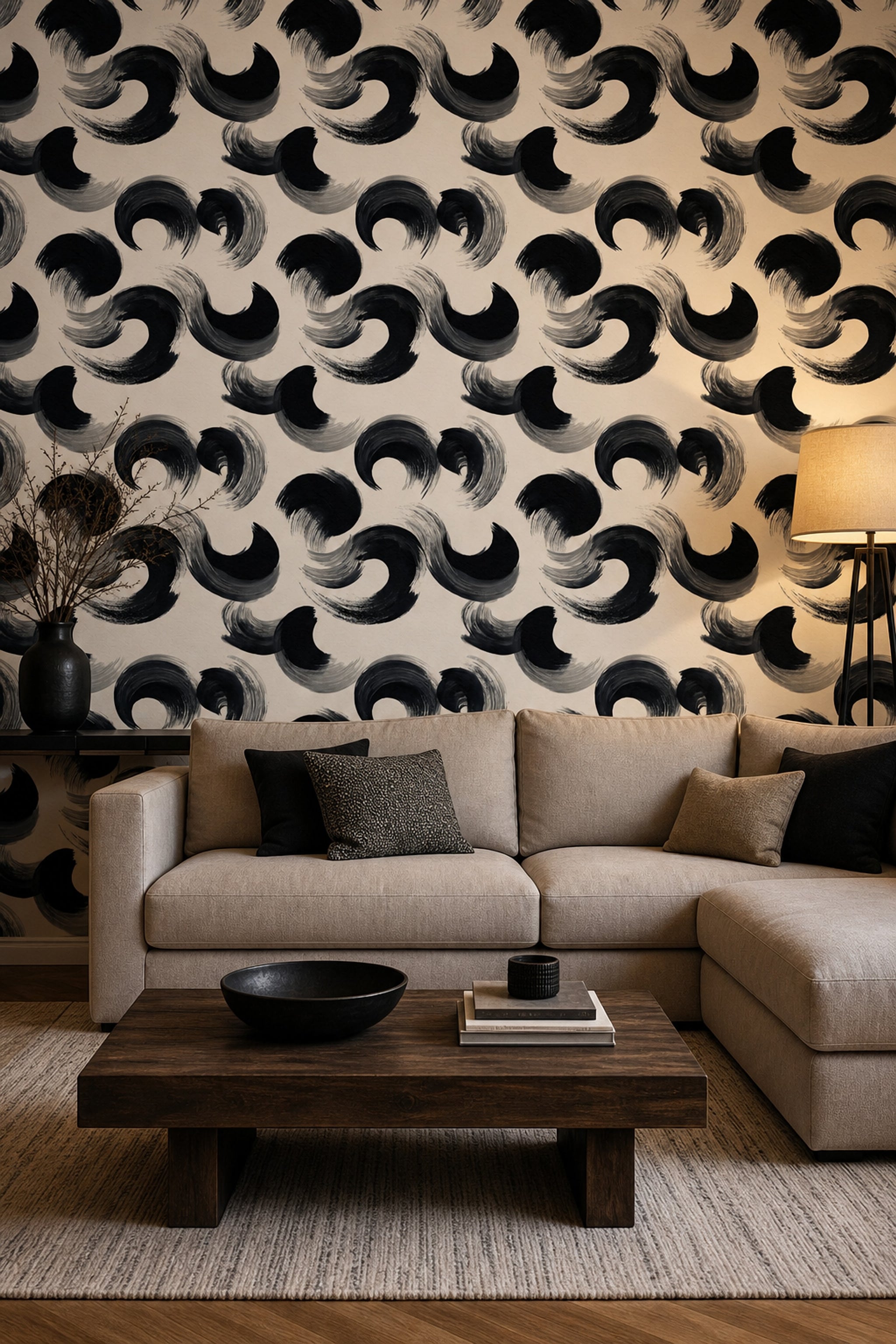 Abstract Brushstroke Wallpaper Black Ink Calligraphy Decorative Mural