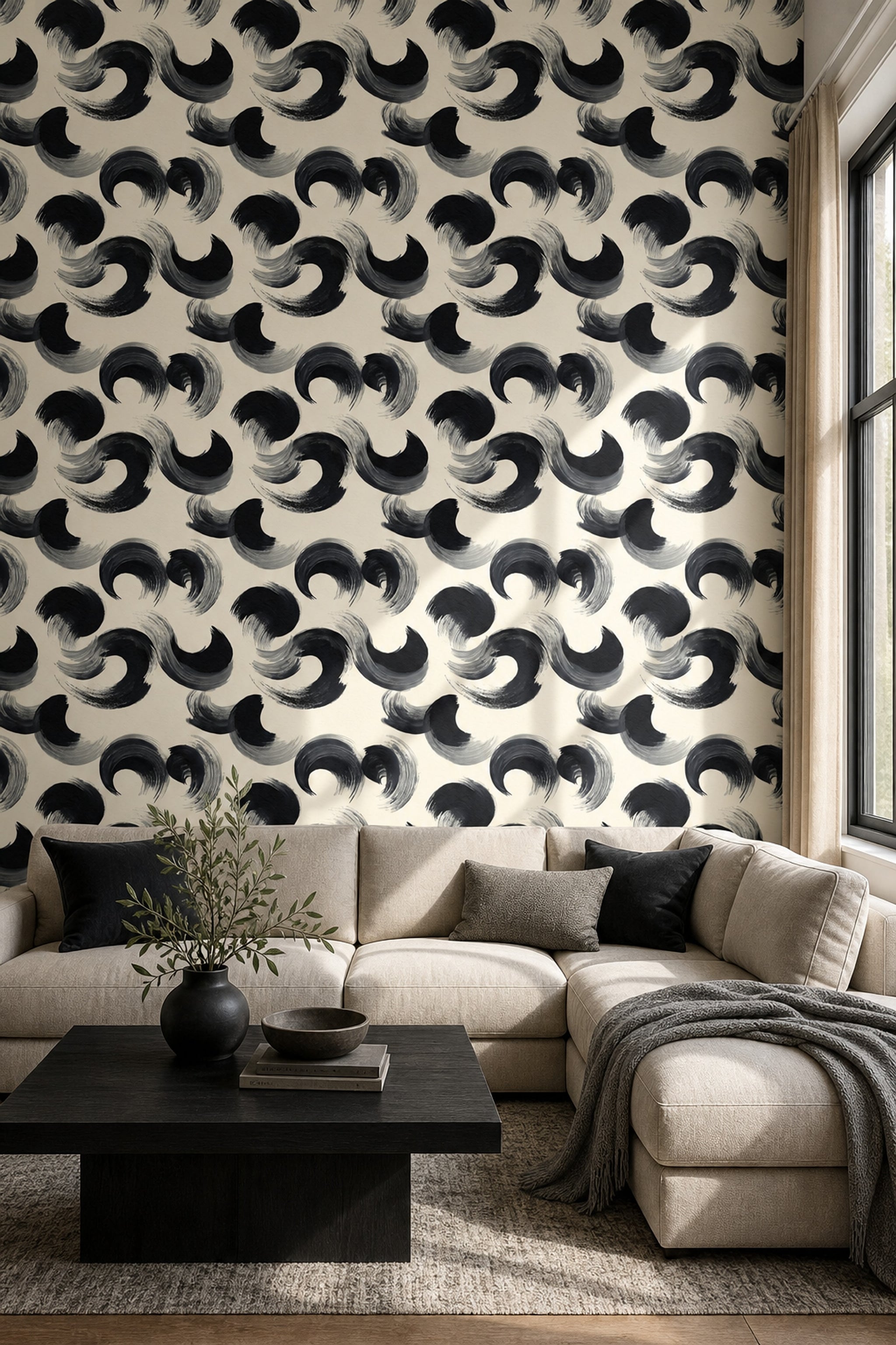 Abstract Brushstroke Wallpaper Black Ink Calligraphy Decorative Mural