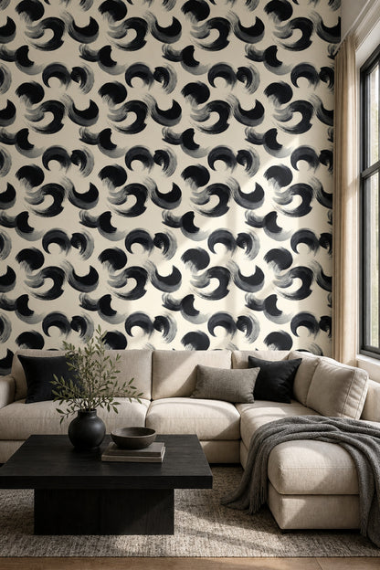 Abstract Brushstroke Wallpaper Black Ink Calligraphy Decorative Mural