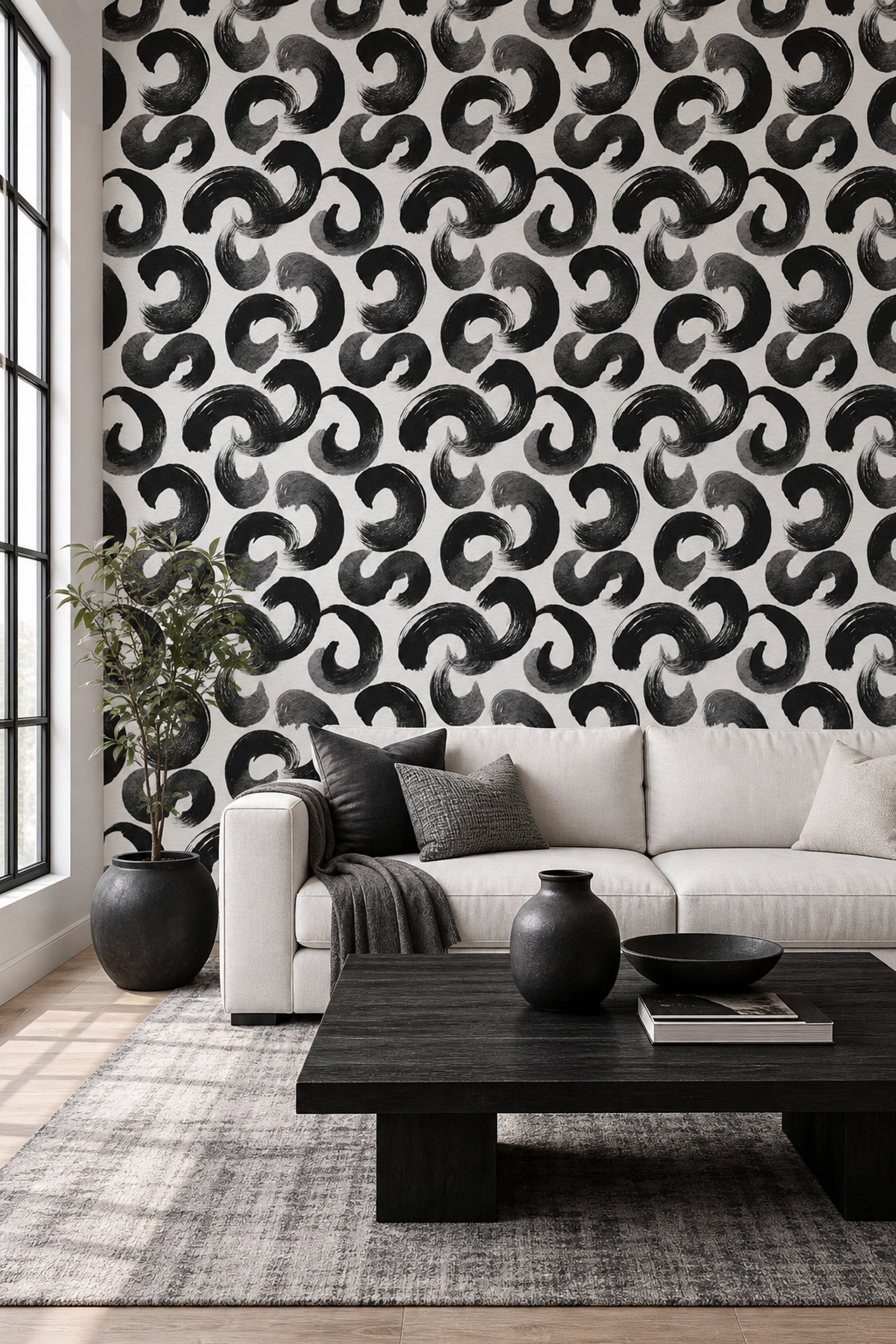 Brushstroke Circles Wallpaper Black And White Removable Textured Paper Wall Double Roll