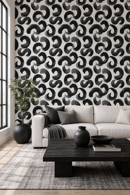 Brushstroke Circles Wallpaper Black And White Removable Textured Paper Wall Double Roll