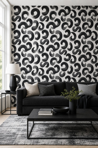 Brushstroke Circles Wallpaper Black And White Removable Textured Paper Wall Double Roll