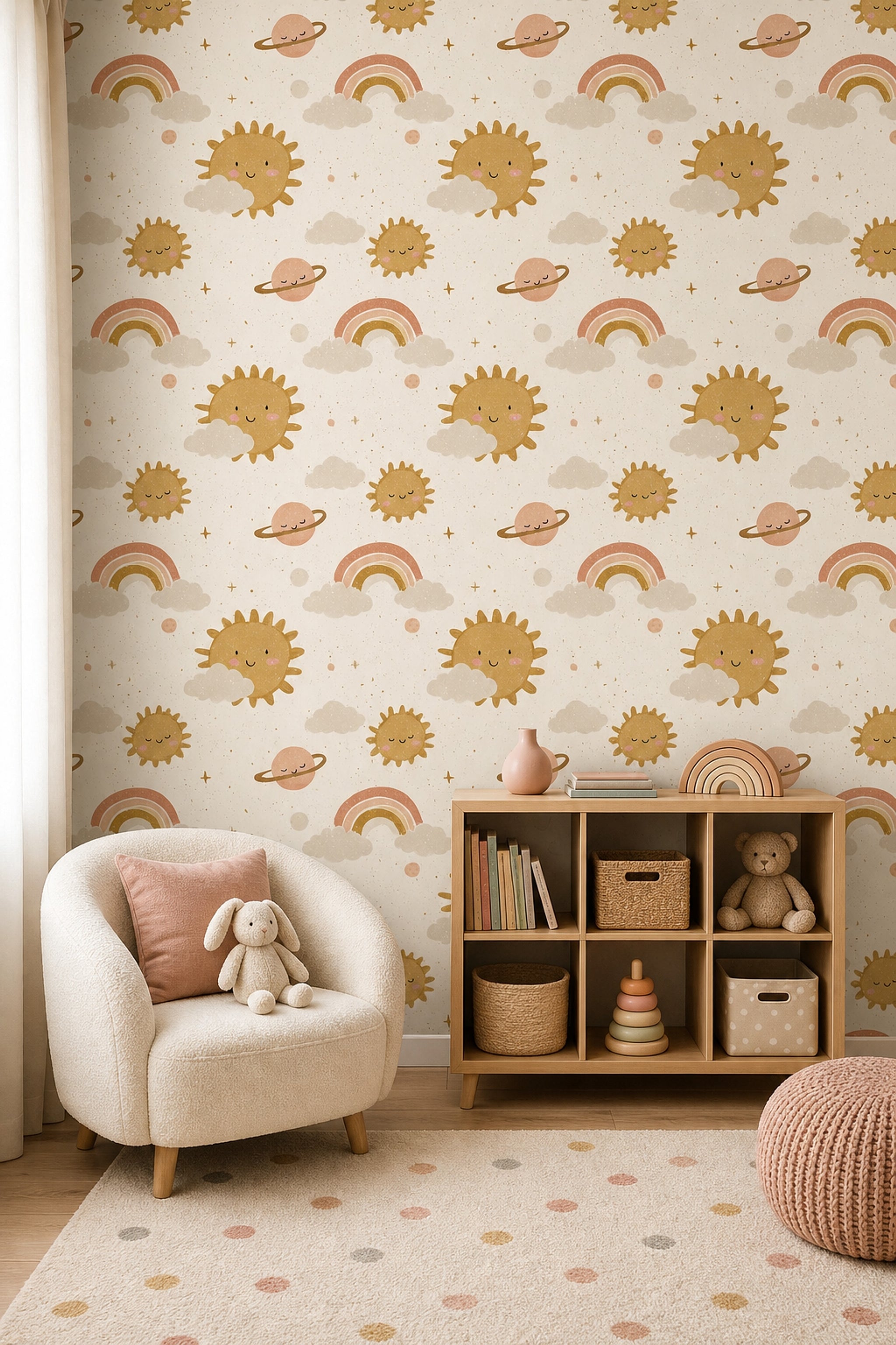 Celestial Wallpaper Cute Sun Faces Removable Rainbow Wall Double Roll