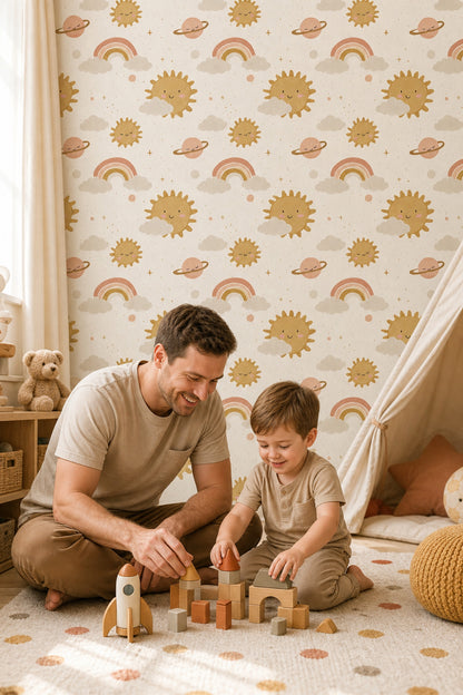 Celestial Wallpaper Cute Sun Faces Removable Rainbow Wall Double Roll