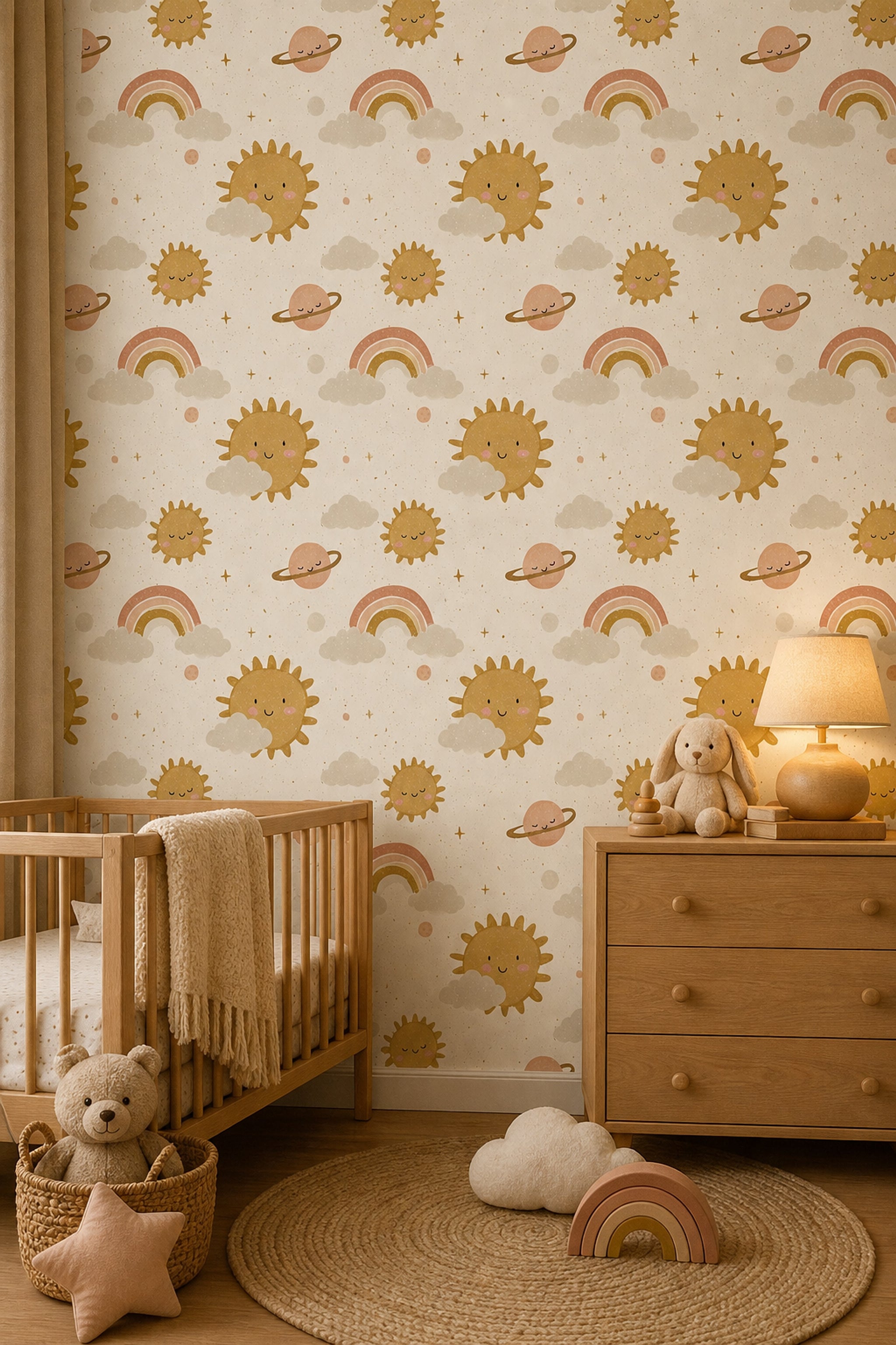 Celestial Wallpaper Cute Sun Faces Removable Rainbow Wall Double Roll