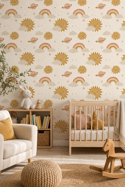 Celestial Wallpaper Cute Sun Faces Removable Rainbow Wall Double Roll