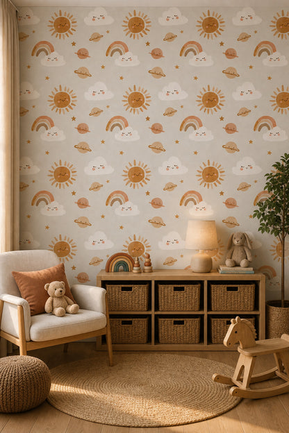 Cute Celestial Wallpaper Smiling Sun Nursery Wallpaper Removable Wall Decor