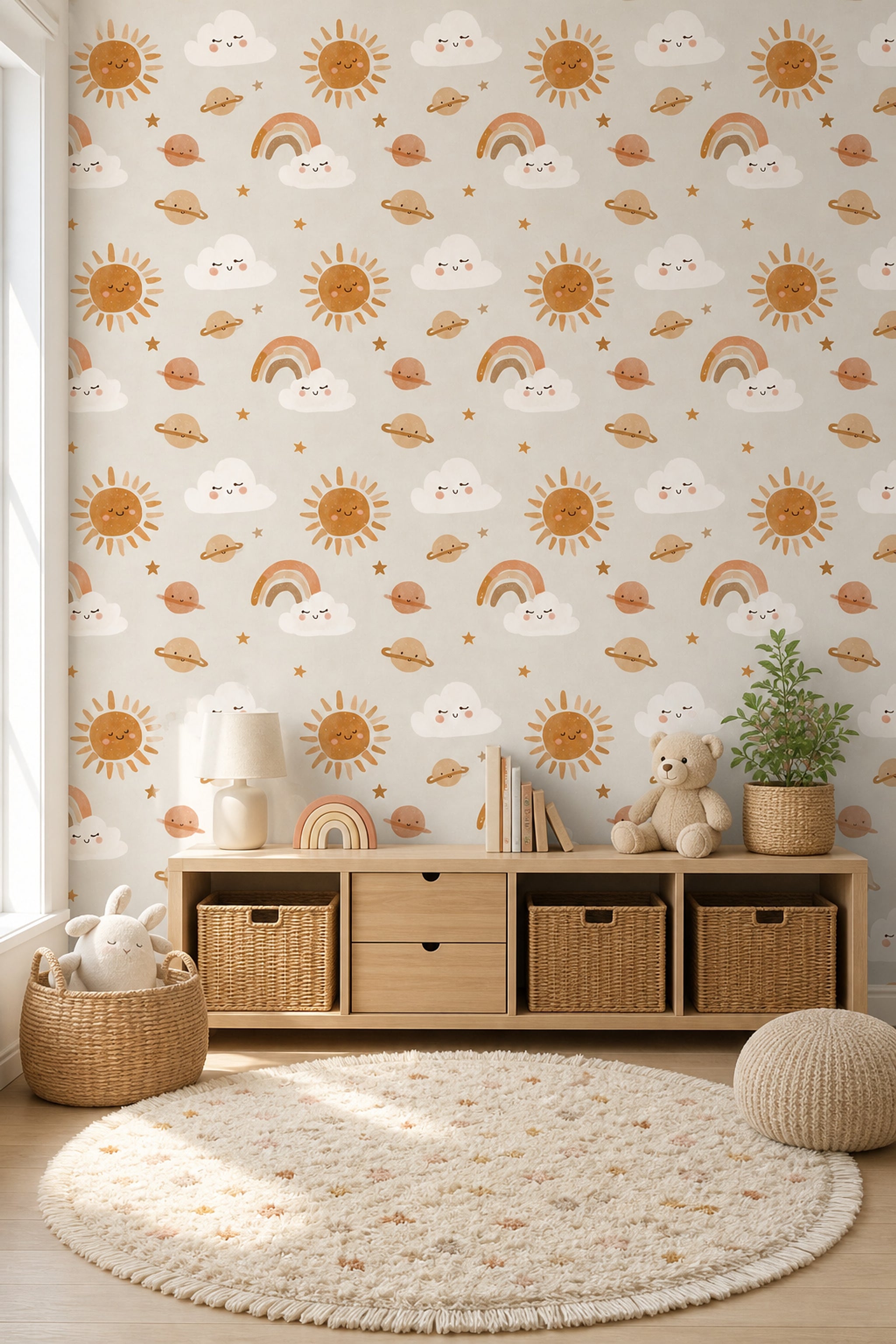 Cute Celestial Wallpaper Smiling Sun Nursery Wallpaper Removable Wall Decor