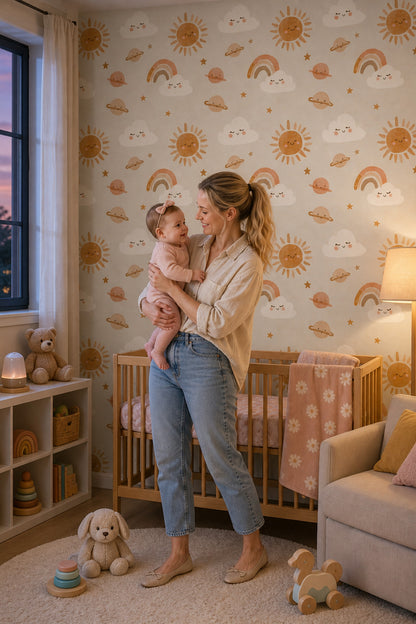 Cute Celestial Wallpaper Smiling Sun Nursery Wallpaper Removable Wall Decor
