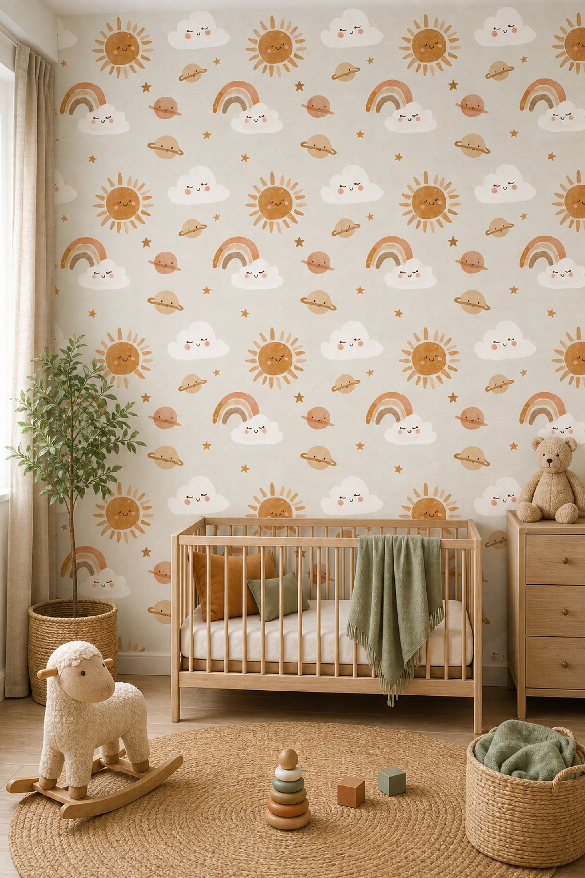 Cute Celestial Wallpaper Smiling Sun Nursery Wallpaper Removable Wall Decor