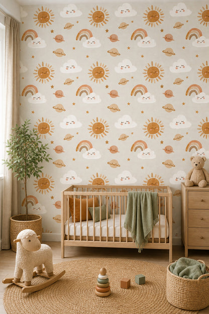 Cute Celestial Wallpaper Smiling Sun Nursery Wallpaper Removable Wall Decor