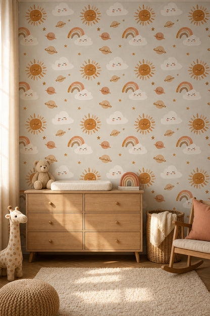 Cute Celestial Wallpaper Smiling Sun Nursery Wallpaper Removable Wall Decor