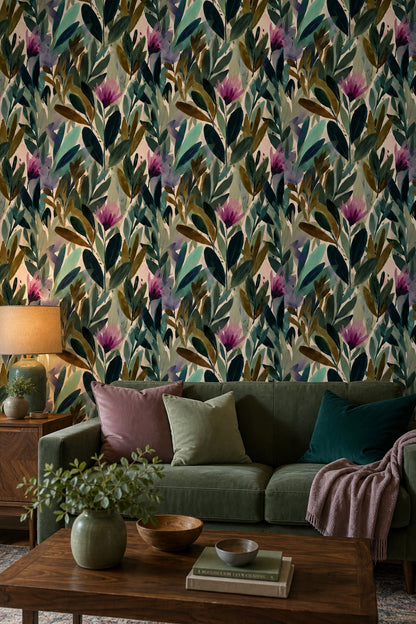 Abstract Botanical Wallpaper Watercolor Leaves Green Foliage Removable Wall Decor
