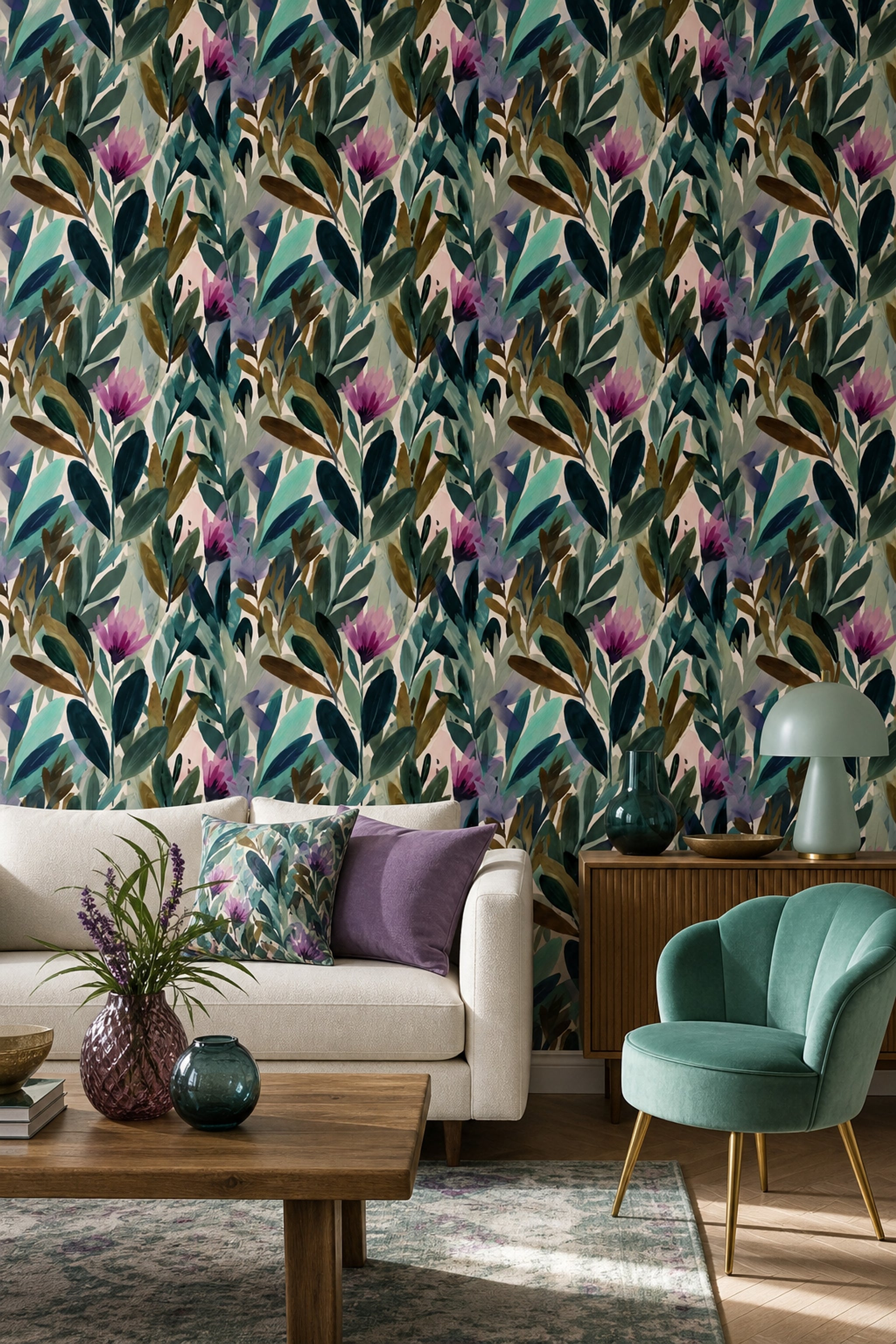 Abstract Botanical Wallpaper Watercolor Leaves Green Foliage Removable Wall Decor