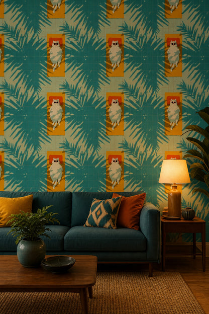 Teal Pool Tiles Wallpaper Palm Leaf Shadows Summer Decorative Mural