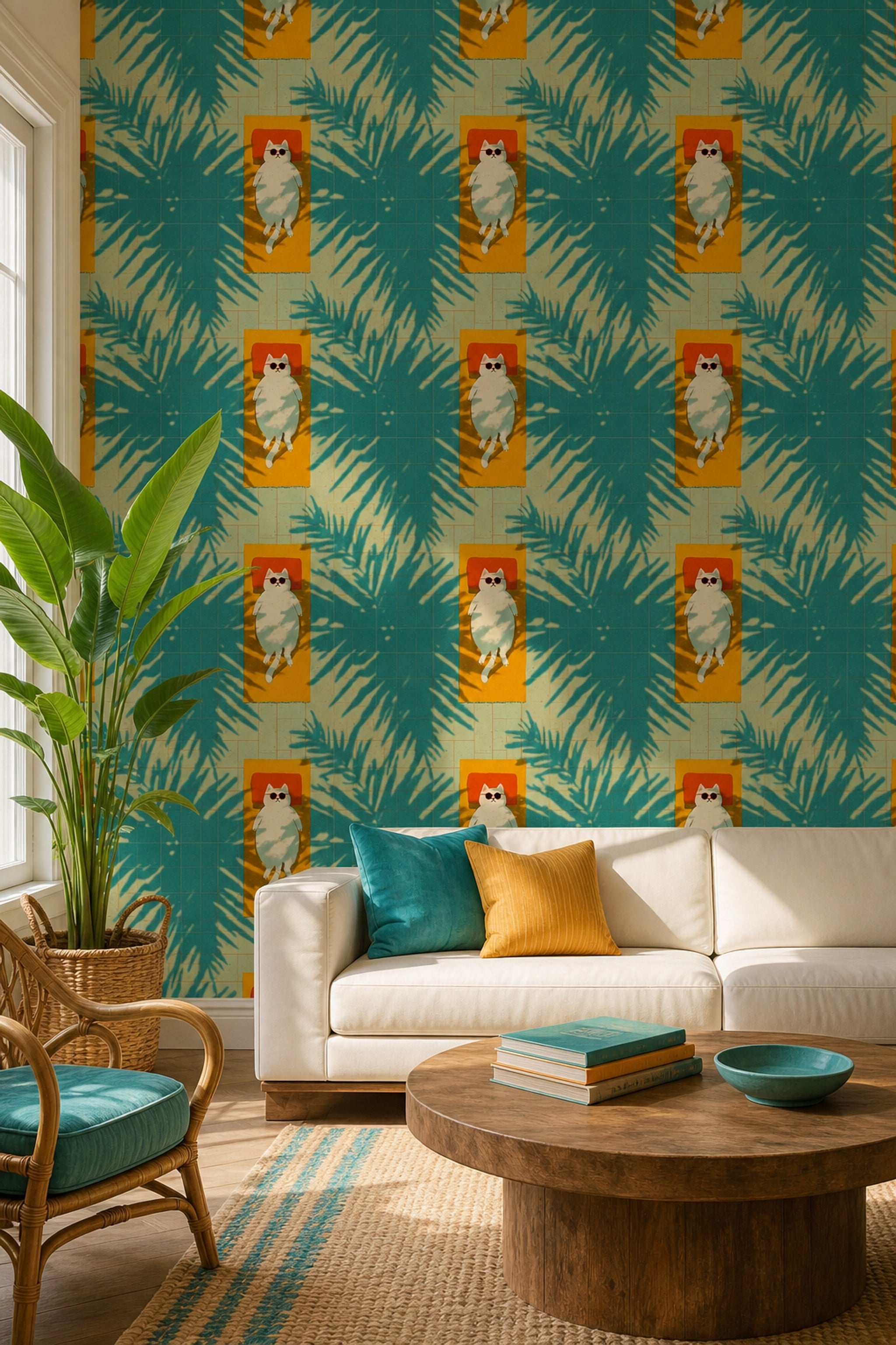 Teal Pool Tiles Wallpaper Palm Leaf Shadows Summer Decorative Mural