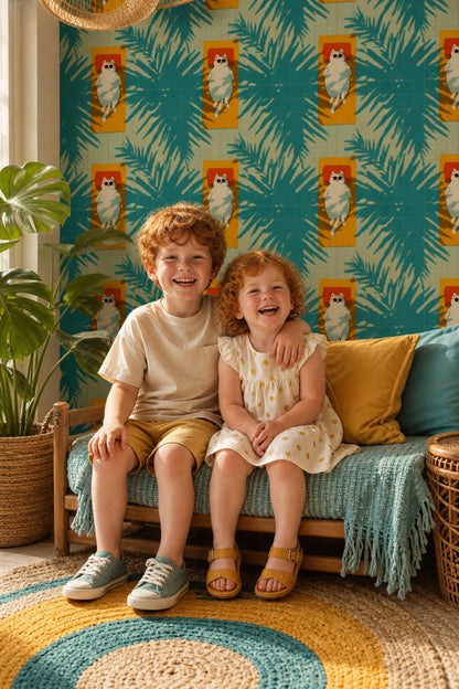 Teal Pool Tiles Wallpaper Palm Leaf Shadows Summer Decorative Mural