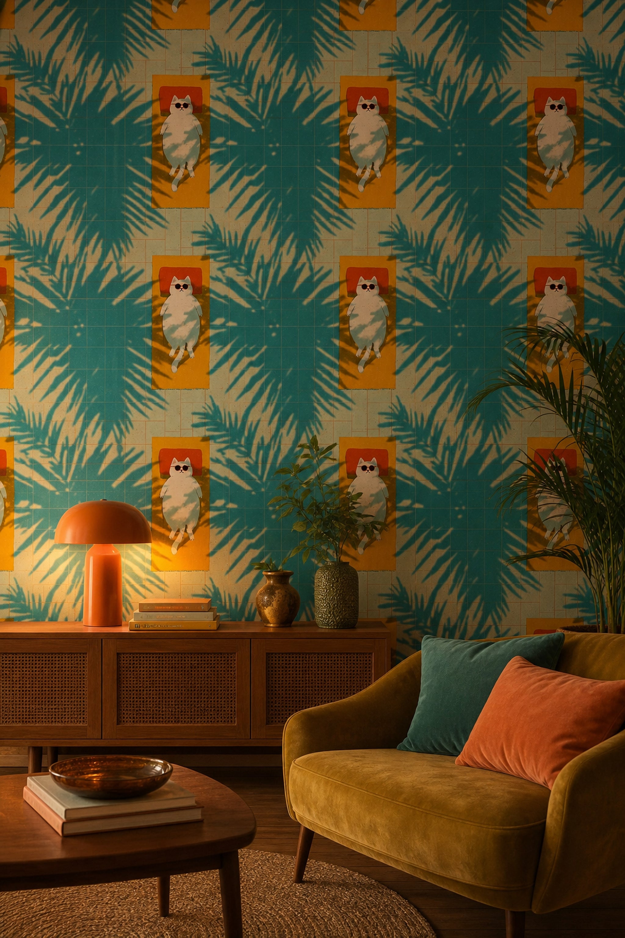 Teal Pool Tiles Wallpaper Palm Leaf Shadows Summer Decorative Mural