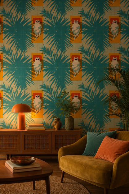 Teal Pool Tiles Wallpaper Palm Leaf Shadows Summer Decorative Mural