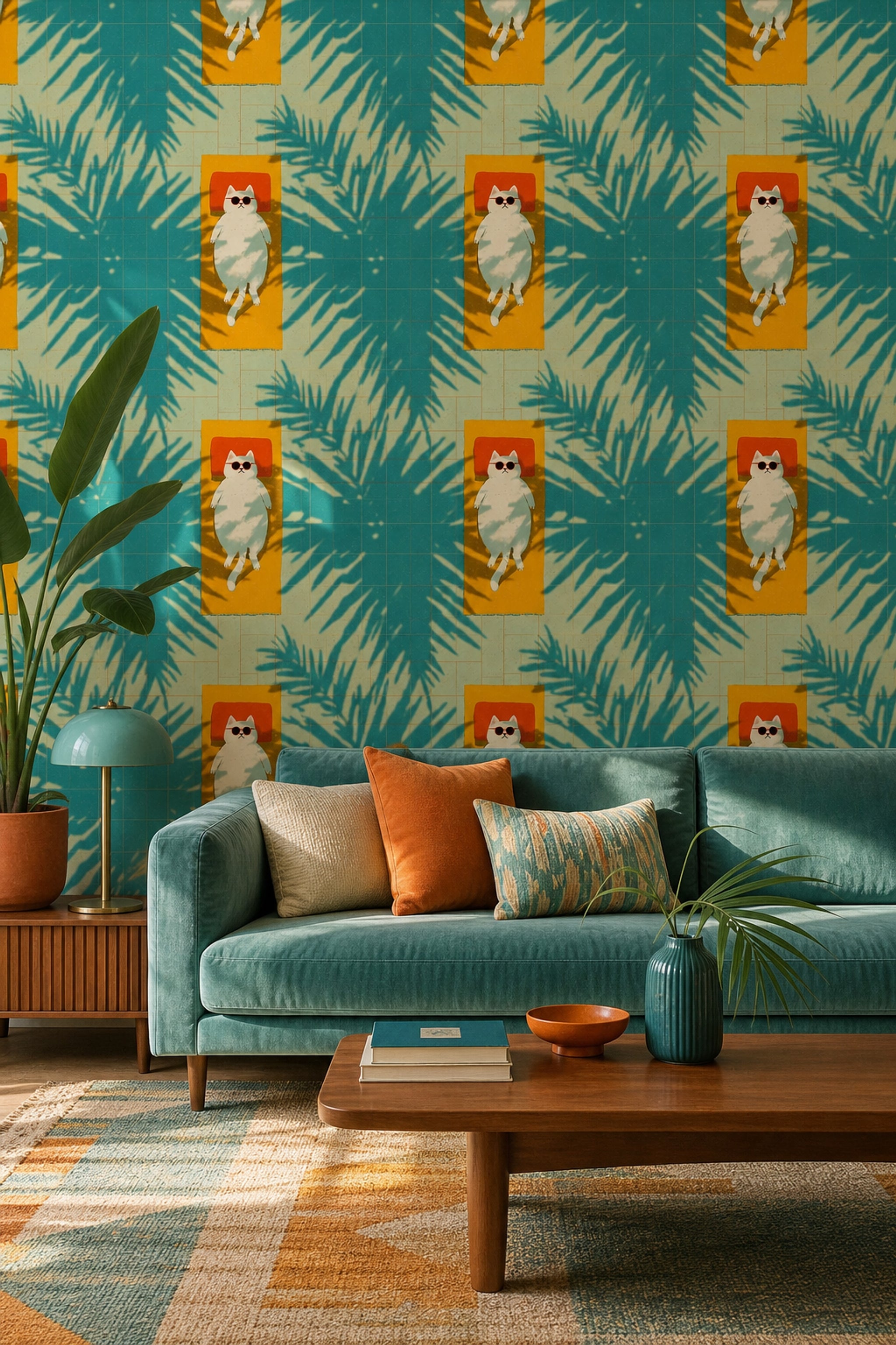 Teal Pool Tiles Wallpaper Palm Leaf Shadows Summer Decorative Mural