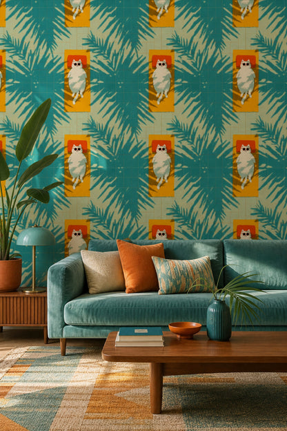 Teal Pool Tiles Wallpaper Palm Leaf Shadows Summer Decorative Mural