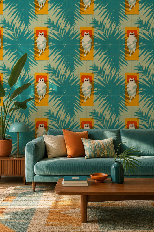 Teal Pool Tiles Wallpaper Palm Leaf Shadows Summer Decorative Mural
