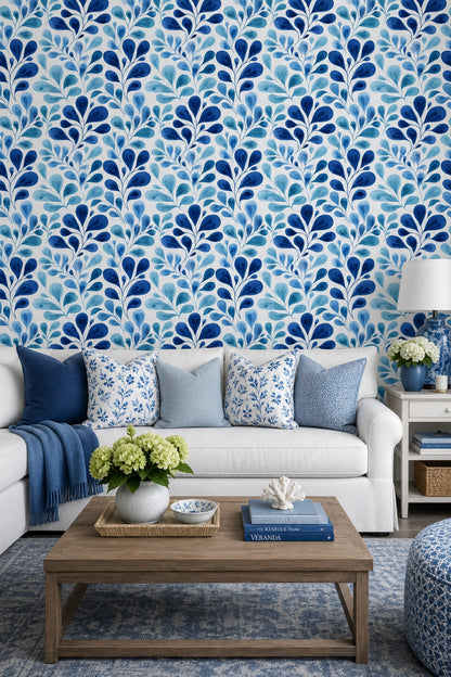 Watercolor Leaves Wallpaper Botanical Branches Removable Blue And White Wall Double Roll